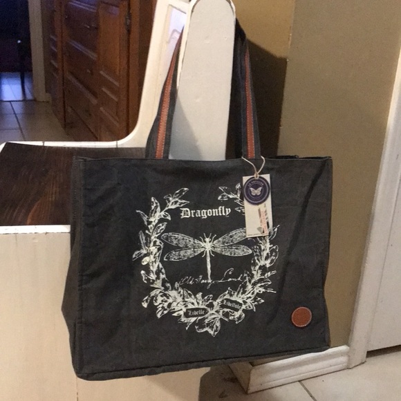 Le Papillon-Dragonfly tote-vintage dark gray white dragonfly, print NWT LAST 1!! - Picture 4 of 10